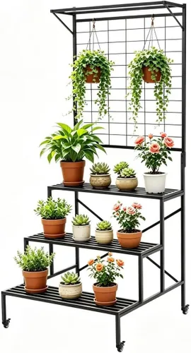 Vista 12 de Zhongma - Soporte de planta de metal resistente de 2 niveles con ruedas