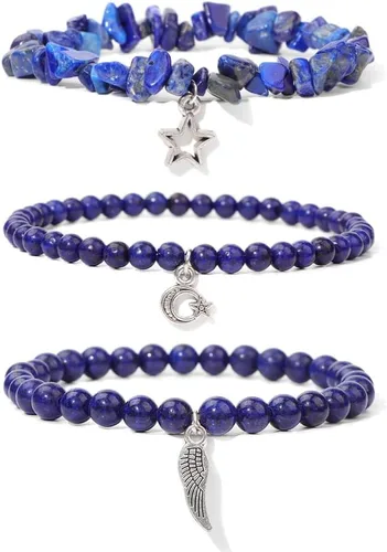 Vista 20 de Juego de 3 pulseras de cuentas de piedra natural para mujeres y hombres, estrellas y luna, alas de ángel, juego de pulseras curativas de reiki