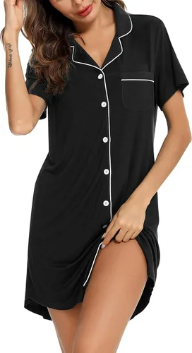 Vista 2 de Pjmlifecoco Camisón para mujer, con botones, manga cortalarga, suave modal, ropa de dormir S-XXL