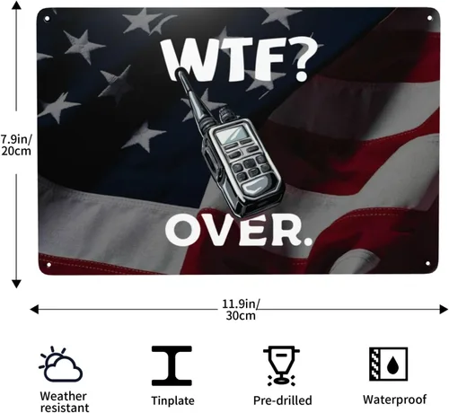 Vista 3 de Divertido walkie talkie - Radio de mano con texto en inglés "What The Fuck Over" de 8 x 12 pulgadas, letrero de metal retro para decoración de pared