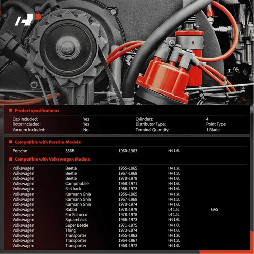 Vista 2 de Distribuidor de encendido A-Premium con tapa y rotor Compatible con Volkswagen Beetle, Campmobile, Fastback, Karmann Ghia, Rabbit, Scirocco