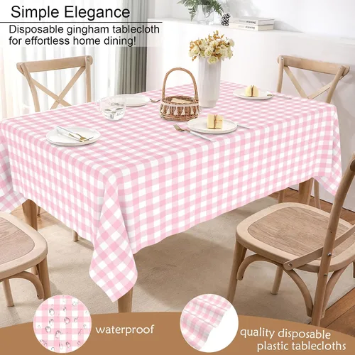Vista 8 de 6 manteles desechables de plástico a cuadros rosados para fiestas, impermeables, rectangulares, color rosa y blanco, para campamento, cumpleaños