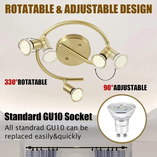 Vista 2 de Accesorios de iluminación LED para riel, kit de 3 luces redondas de techo, cabezales de luz giratorios flexibles, foco de 3 vías con acabado dorado
