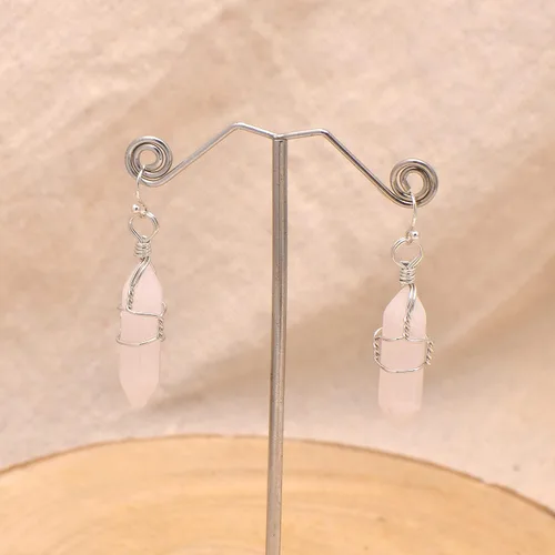 Vista 2 de Pendientes de cristal de punta envuelta en alambre de piedra pulida para mujer Reiki Energy Healing