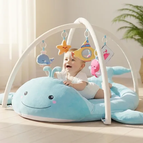 Vista 8 de Tapete de Juego para Bebé, Tapete de Tiempo Boca Abajo de Ballena con Juguetes, Gimnasio de Actividades para Bebés de 0–12 Meses – Tapete Sensorial