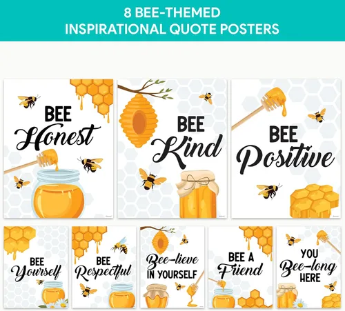 Vista 6 de Decorably 15 carteles de bienvenida con temática de abejas para aulas, escuela primaria, secundaria, inspirador, laminado mate con diseño vibrante