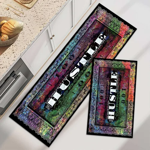 Vista 24 de GUBIYU Juego de 2 alfombras y tapetes de cocina color beige y dorado para billetes de 100 dólares, alfombra divertida y fresca para baño