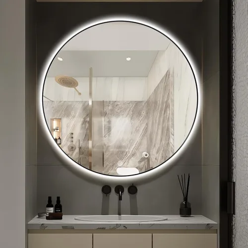 Vista 16 de Niccy Espejos de baño LED redondos, espejo retroiluminado con marco negro