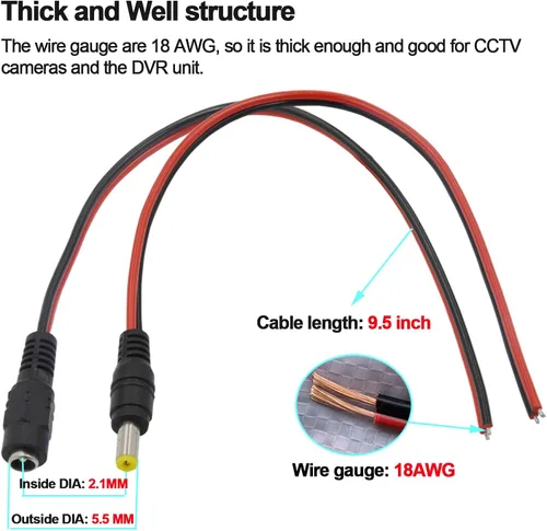 Vista 5 de 10 pares de cables de alimentación de CC de 12 V 5 A macho y hembra + 10 pares de conectores de enchufe de alimentación CC para vigilancia