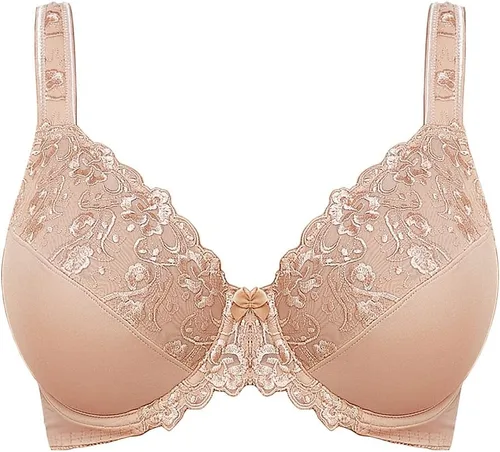 Vista 5 de TELIMUSSTO Brasier con aros de encaje floral de cobertura completa para mujer, talla grande, sin relleno, cómodo Beige