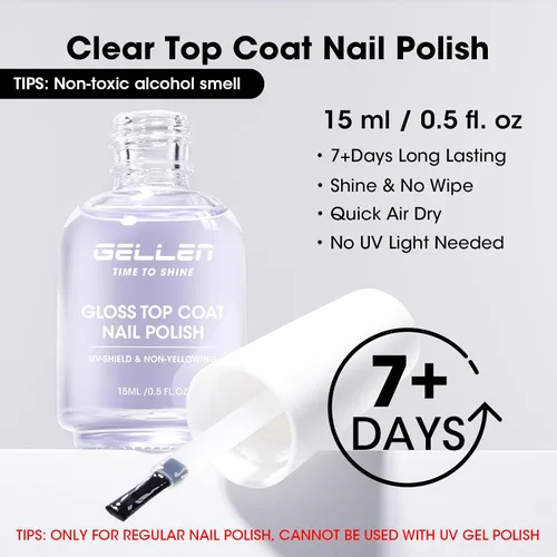 Vista 2 de GELLEN Capa superior de esmalte de uñas transparente, capa superior de alto brillo, secado rápido al aire, resistente a los rayos UV, larga duración