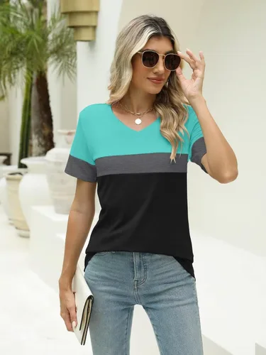 Vista 3 de Minetom Camisetas de manga corta con cuello en V para mujer, camisetas casuales de verano