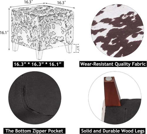 Vista 3 de Adeco Taburete otomano pequeño de 16.3 pulgadas, reposapiés otomano de lino con patas de madera, reposapiés tapizado para sala de estar, dormitorio