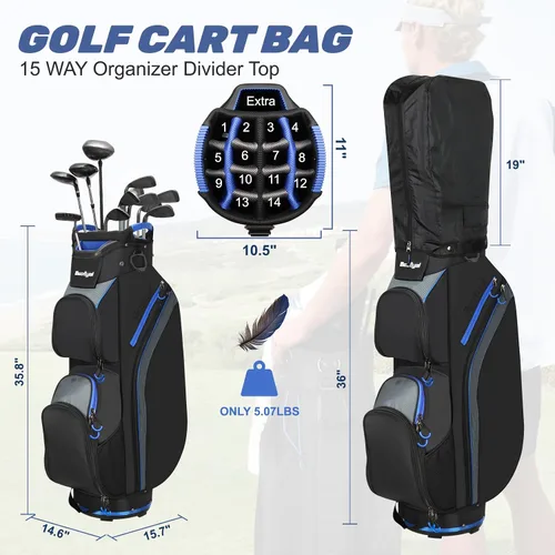Vista 2 de Cart Golf Bag 15 Way Organizer Divider Top Golf Club Bags Lightweight Golf Cart Bags for Men Women with Cooler, Rain Cover