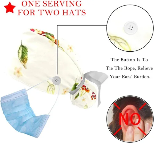 Vista 3 de 2 Packs Surgery Cap with Sweatband, Breathable Bouffant Hats Long Hair, Adjustable Nurse Scrub Caps Red Jujube Flower