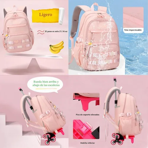 Vista 3 de Mochila con ruedas para niñas, mochila con ruedas para niños, mochila escolar con ruedas 2 ruedas - negro