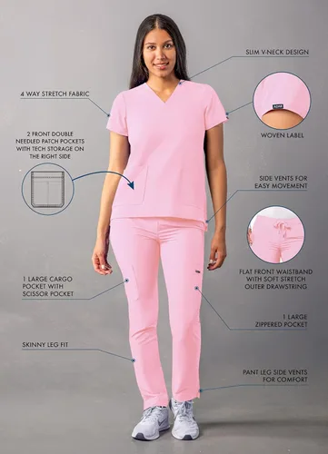Vista 3 de Adar - Uniforme tipo filipina, con camisa de cuello en V y pantalones con bolsillos tipo cargo, para mujer