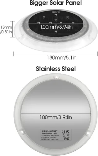 Vista 6 de SHONELIGHTING Luces Solares para Muelle, Disco LED Súper Brillante para Exteriores, Impermeables, Antideslizantes y Antitropiezos, Perfil Bajo