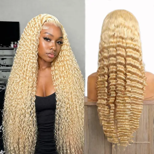Vista 11 de Peluca de cabello humano rubio 613 con ondas profundas, peluca de encaje frontal de 13 x 6 pulgadas, 180 % de densidad, sin pegamento, predepilada