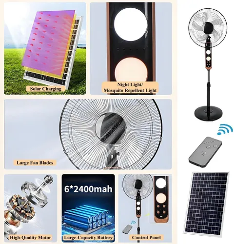 Vista 7 de Ventilador de pie oscilante solar de 16 pulgadas, ventilador móvil recargable con panel solar, ventiladores de piso de control remoto, dos métodos