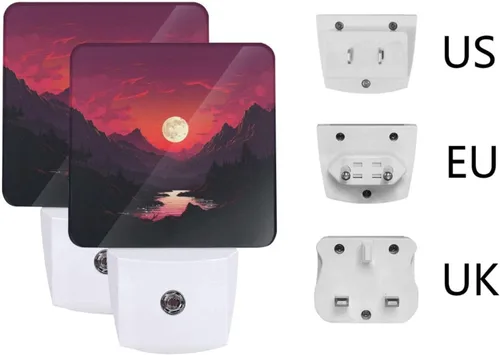 Vista 6 de Paquete de 2 luces LED de noche enchufables rojas al atardecer, luces nocturnas enchufables a la pared, lámpara de noche moderna con sensor de luz