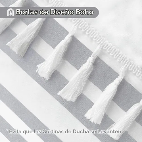 Vista 5 de Seasonwood Cortina de ducha gris y blanca con borlas Cortinas de ducha estilo granja moderna para decoración de baño 72L"x72A" Lavable a máquina