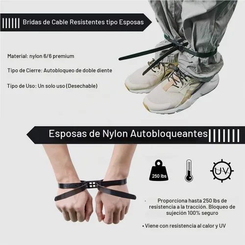 Vista 3 de Esposas con correas flexibles de 35.4", 20 piezas. Esposas de precinto con cierre de mano resistentes de alta resistencia, desechables, de nylon