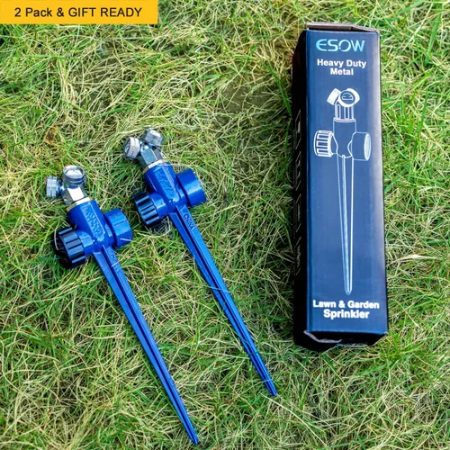 Vista 7 de ESOW Aspersor de metal con espigas de nebulización, paquete de 2, estaca de riego suave de 3 cabezales, espray fino de 360° para cama de flores
