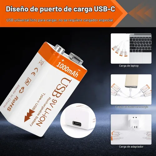 Vista 2 de Baterías recargables de litio 9V 1000mAh con 2 en 1 cable de carga USB Batería de iones de litio 6f22 de 9 voltios para detector de humo, pedales