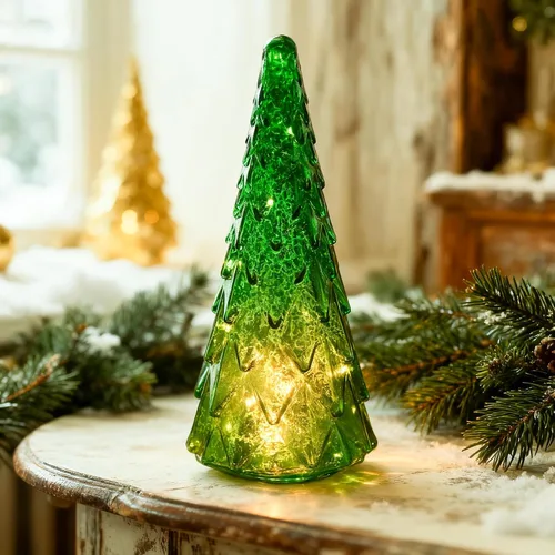 Vista 3 de Decoración de árbol de Navidad de mesa, 12 pulgadas de alto, árbol de Navidad LED de vidrio soplado verde, decoración de luz navideña para interiores