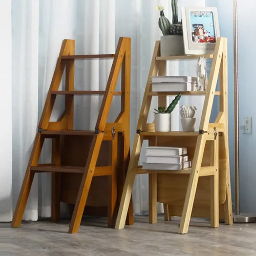 Vista 9 de JHome Taburetes elevadores de escalera de 4 escalones, madera maciza, escalera plegable transformable para el hogar, cocina, silla plegable de doble