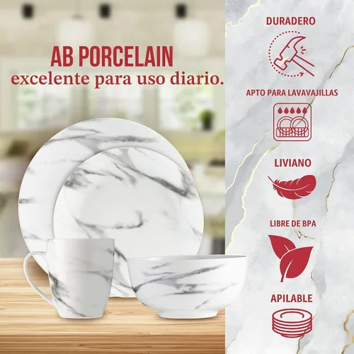 Vista 2 de Safdie & Co. - Juego de vajilla de mármol de 16 piezas, porcelana, color blanco