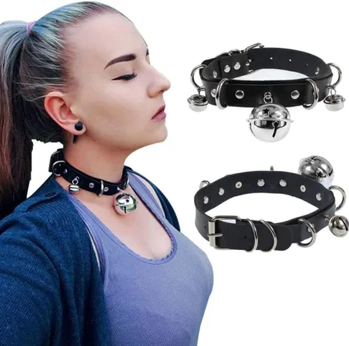 Vista 2 de Daimay Bells Gargantilla Collar De Cuero PU Gargantilla Gótica Collar Con Campana Punk Rock Collar Tamaño Ajustable - Negro