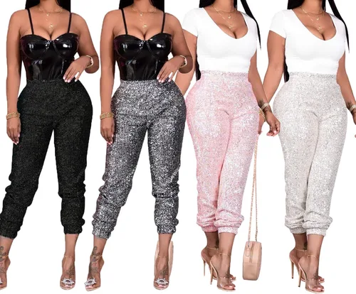 Vista 3 de Salimdy Pantalones deportivos de lentejuelas con purpurina para mujer, cintura alta, elásticos, hip hop, para club, pantalones brillantes, Multi