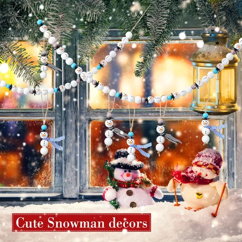 Vista 5 de 180 piezas de cuentas de madera de muñeco de nieve de Navidad con estampado de tartán de búfalo de Navidad, cuentas de madera redondas de invierno