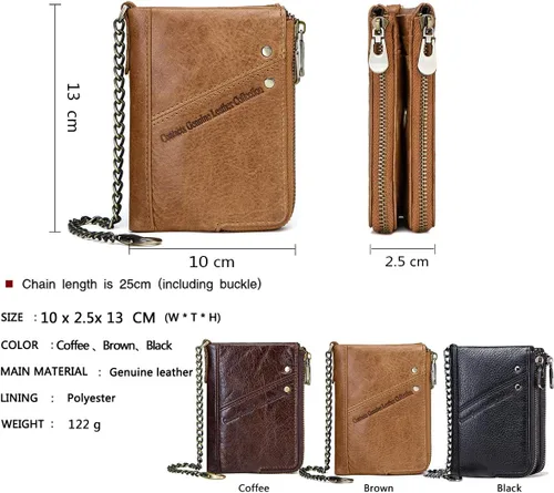 Vista 3 de Contacts RFID - Monedero con doble cremallera para hombre (piel, con cadena antirrobo), Marrón, talla única