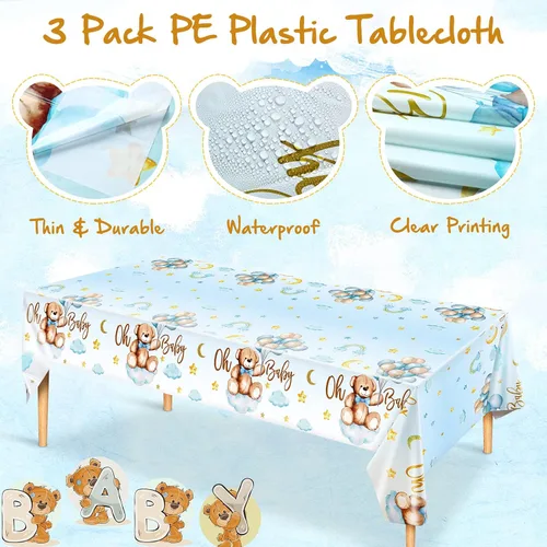Vista 3 de Tatuo Paquete de 3 manteles rectangulares de plástico con diseño de oso para baby shower, para niños y niñas, revelación de género, cumpleaños, baby