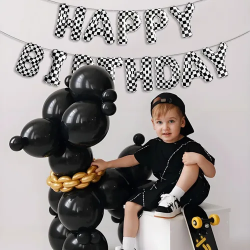 Vista 6 de Decoraciones de fiesta de cumpleaños de coche de carreras, pancarta de globos de feliz cumpleaños a cuadros en blanco y negro