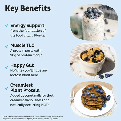 Vista 3 de KOS Proteína en polvo a base de plantas, muffin de arándano - Superalimento de proteína de guisantes orgánico con mezcla de espirulina y apoyo