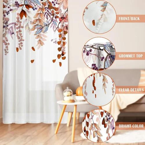 Vista 5 de Hexagram - Cortinas de otoño para sala de estar de 63 pulgadas de largo, juego de 2 paneles - Cortinas traslúcidas para sala de estar