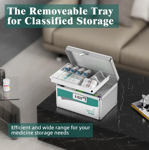 Vista 2 de Caja de seguridad para medicamentos con código, caja organizadora de medicamentos de aleación de aluminio de 2 capas con bandeja extraíble, caja