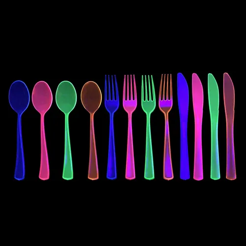Vista 5 de Party Essentials Paquete combinado de cubiertos de plástico duro de alta resistencia, 96 piezas/32 lugares, varios brillantes neón