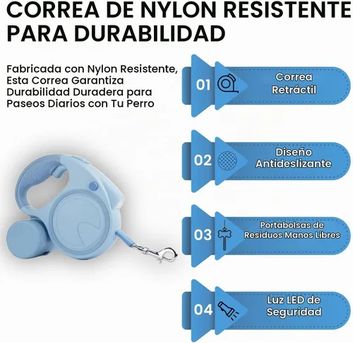 Vista 6 de Correa retráctil para perro con linterna y dispensador, correa retráctil para perro de 16 pies es perfecta para caminar seguro y cómodo con tu Azul