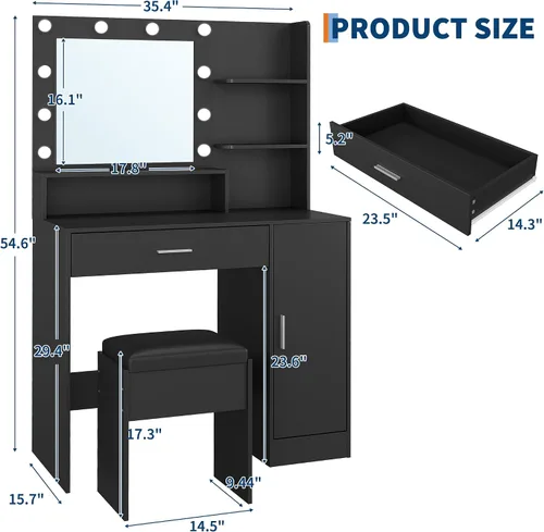 Vista 2 de GarveeHome Tocador con espejo, iluminación ajustable de tres niveles, incluye cajón, toma de corriente y taburete, tocador compacto para dormitorios