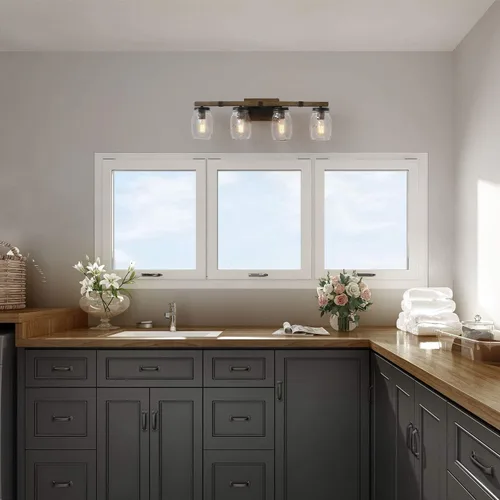 Vista 4 de LOG BARN Lámpara de tocador de baño rústica con vidrio Mason Jar Glass, apliques de pared de 4 luces, acabado de madera sintética, 29 pulgadas