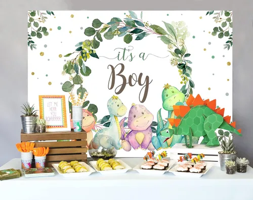 Vista 2 de Decoraciones de dinosaurio para baby shower para niño, telón de fondo de dibujos animados, cactus y hojas de eucalipto, fondo de fotografía