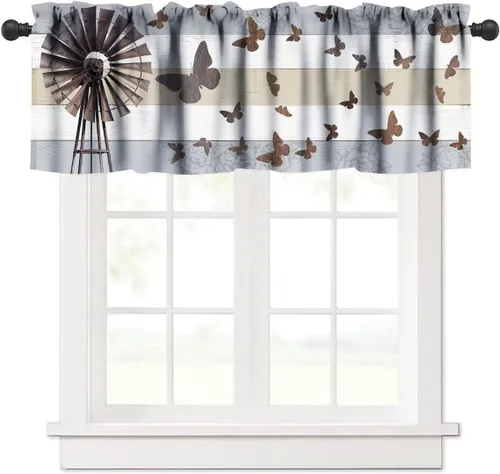 Vista 20 de Cenefa de ventana de gallo de Western Farm, pollo, girasol, retro, con estampado de cuadrícula de búfalo amarillo, bolsillo para barra, tratamientos