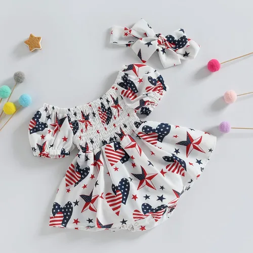 Vista 4 de KtwHarnu Traje de bebé niña del 4 de julio, traje de manga corta con diseño de bandera estadounidense, vestido fruncido, falda, ropa patriótica
