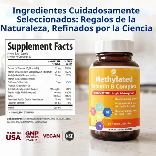Vista 2 de 1 Body Complejo de vitamina B metilada, 5-MTHF y metil B12, 60 cápsulas