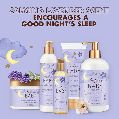Vista 4 de SheaMoisture Baby Essentials, champú nocturno y leche de baño + acondicionador profundo, miel de manuka y lavanda, probado por pediatras